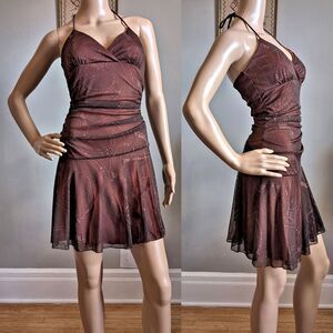 Vintage 90s Taboo Mini Dress Party Drop Waist Glitter Trashy Brown Size M